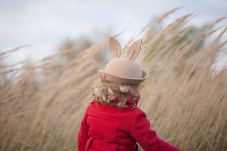Toddler girl walking alone in the autumn field, wearing red coat and felt hat with binny ears. Cold blowy windy weather, sad mood, strong windの写真素材