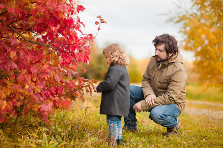 Father and daughter walking together in the park, fall day. Little girl and her dad exploring nature outdoors, looking at he three with red leaves. Colorful autumn foliage. Copyspace.の写真素材