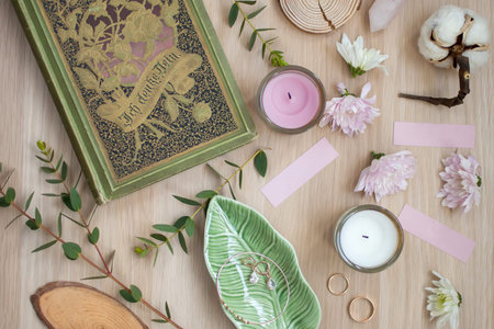 Wedding decor at the wooden table, romantic vintage style