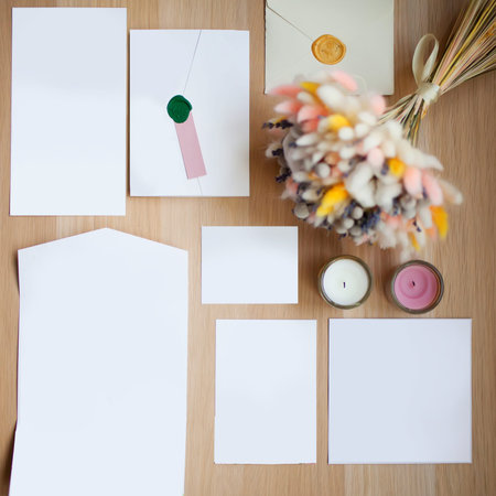 Wedding decor at the wooden table, flat lay, romantic vintage style, copyspace, template