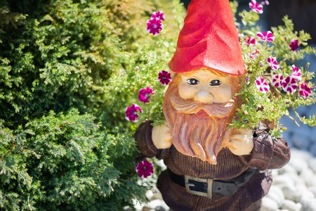 Garden gnome surrounded by beautiful flowers in the gardenの写真素材