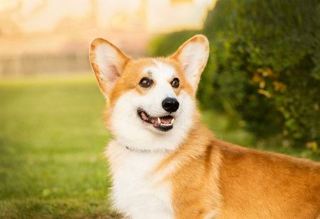 Portrait of a red corgi in a park on green grass early in the morning. The dog smiles