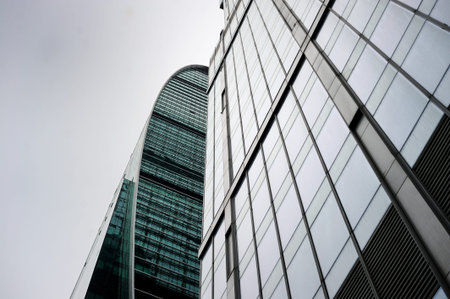 View of Modern glass high-buldings at rainy weather