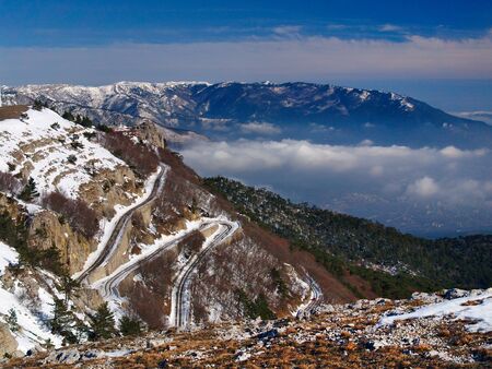 Twisting mountain road to AiPetriの写真素材
