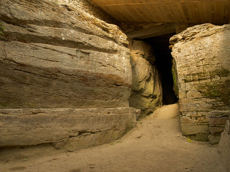 Busha, Vinnytsia region, Ukraine - October 22, 2009: Trypillian culture bas-relief on remains of ancient temple wall in Historical and Cultural Reserve of Bushaの写真素材