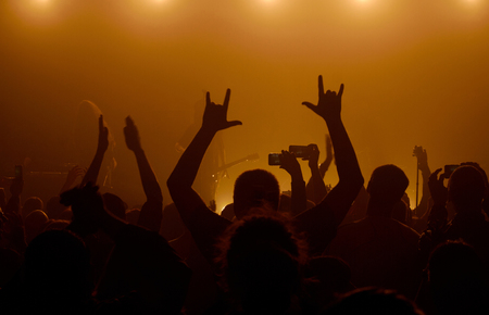 Man raising up hands with rock-n-roll gesture standing in a crowd at rock concert with musicians on the background in smoky spaceの写真素材