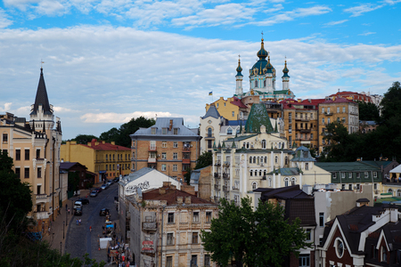 Kyiv, Ukraine - June 12, 2017: View from Zamkova Hora hill to Andriyivskyy Descen (uzviz) street with Saint Andrew's Church and Castle of Richard the Lionheart in Kyiv, Ukraineのeditorial素材