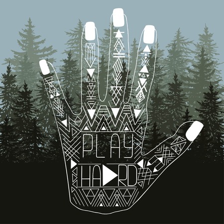 Illustration of human hand with Aztec pattern on fir backgroundのイラスト素材