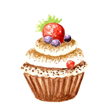 Watercolor cupcake with berries illustrationのイラスト素材