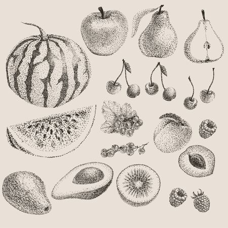 Vintage dot fruits set illustrationのイラスト素材