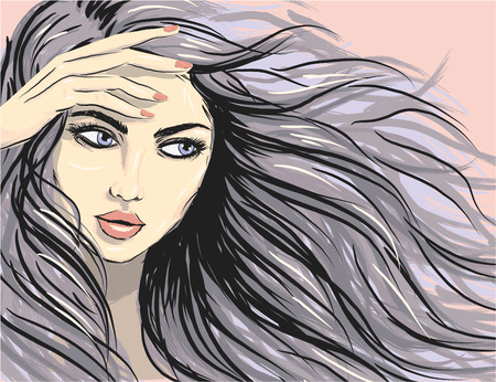 woman with windy waved hair illustrationのイラスト素材