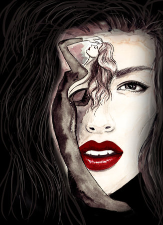 watercolor double exposure girls illustrationの写真素材