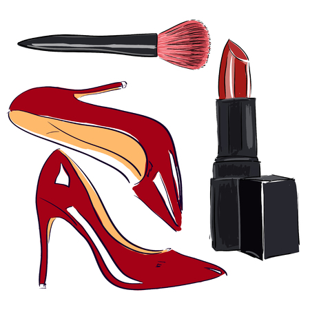 Red shoes and cosmetics set illustrationのイラスト素材
