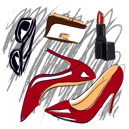 Red shoes and cosmetics sketch set illustrationのイラスト素材