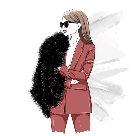 Stylish woman in fur and glassesのイラスト素材