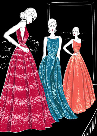 Three models in couture dresses catwalk illustration.のイラスト素材