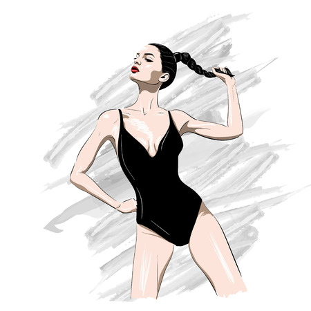Model in suimsuit and ponytail illustrationのイラスト素材