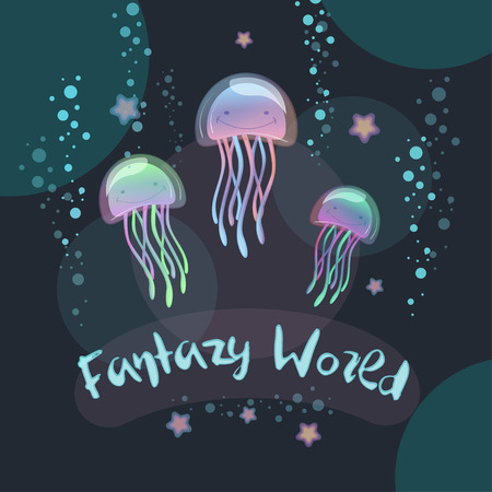 Fantasy World lettering with glowing jellyfish vector illustration.のイラスト素材