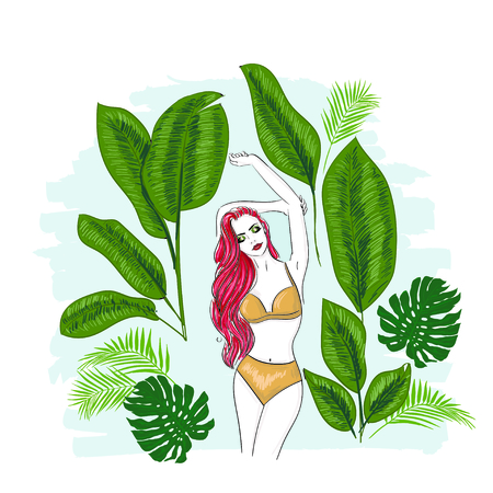 Girl in tropical leavesのイラスト素材