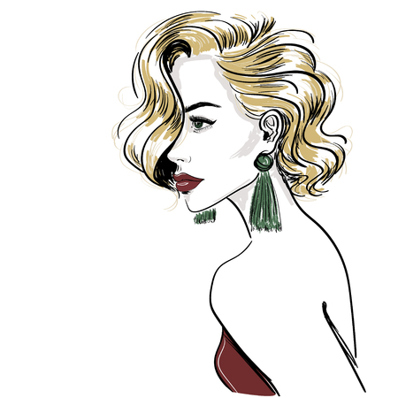 sketch of classic blond woman with hair waves illustrationのイラスト素材