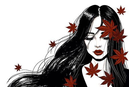 sensual woman with long hair and red leavesのイラスト素材