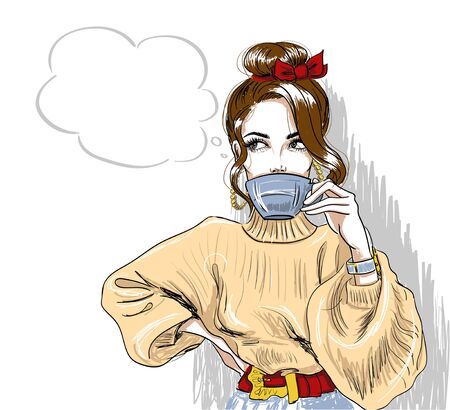 trendy girl drinking coffee and looking upのイラスト素材