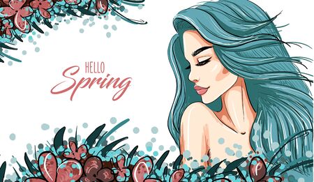 spring banner with woman blue hair artのイラスト素材