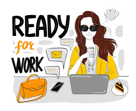 Woman ready for work with coffee and laptopのイラスト素材