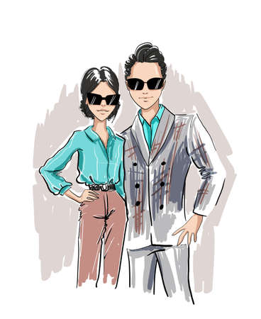 fashion sketch of casual dressed couple in glassesのイラスト素材