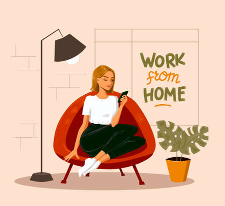 Woman sitting in the chair looking at smartphoneのイラスト素材