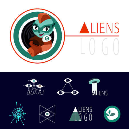 a lot of interesting logos for UFO aliensのイラスト素材