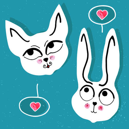 Cute cat and rabbit, with a pink heart bubbleのイラスト素材