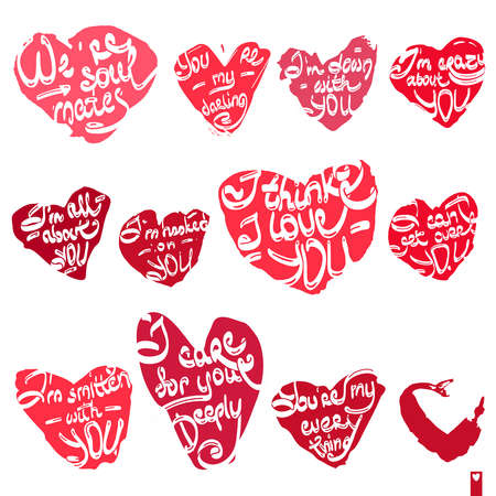 beautiful set of hearts with the different declarations of love, letteringのイラスト素材