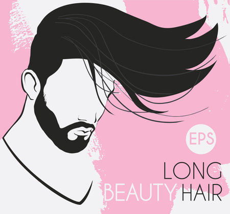 vector portrait of a man with a beard with long hair beautiful, smooth, twisted line background is pink spots, card, business card salon, hairdressing,のイラスト素材