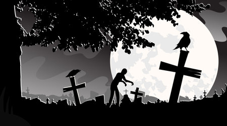vector illustration panorama landscape cemetery, night, moon, tombstones, zombies monochrome tree crowsのイラスト素材