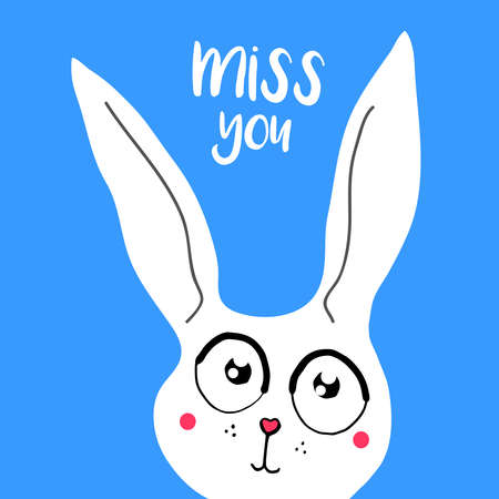 vector card, banner lettering letters I miss you, cartoon bunny with sad eyes, saying emotions, feelings, print on T-shirt.のイラスト素材