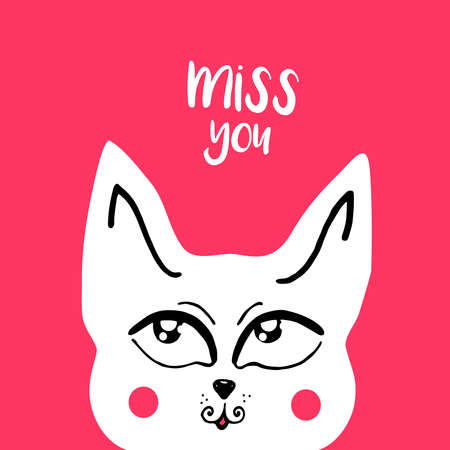 vector card, banner lettering letters I miss you, cute cartoon cat with a thoughtful look, saying emotions, feelings, print on T-shirt.のイラスト素材