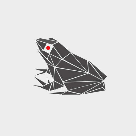 stylized vector illustration of a frog, toad polygonal, monochrome, red eyes. logo, icon, sign, symbol, flat painted in perspectiveのイラスト素材