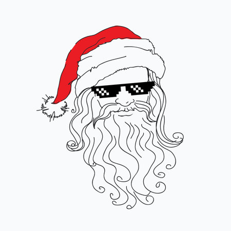Santa Claus funny portrait in red hat in a steep pixel Black Sunglasses.cool father christmas. Merry X-mas. Concept sketch, fine flat line. Vector illustration isolated on the backgrounds,のイラスト素材