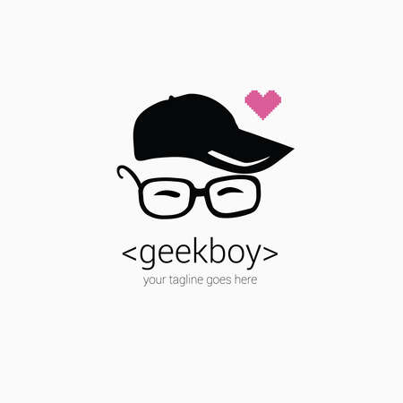 Geek boy logo design template with cartoon face in eye glasses, pixel heart, love, identity concept, symbol, icon, vector illustration isolated on white backgroundsのイラスト素材
