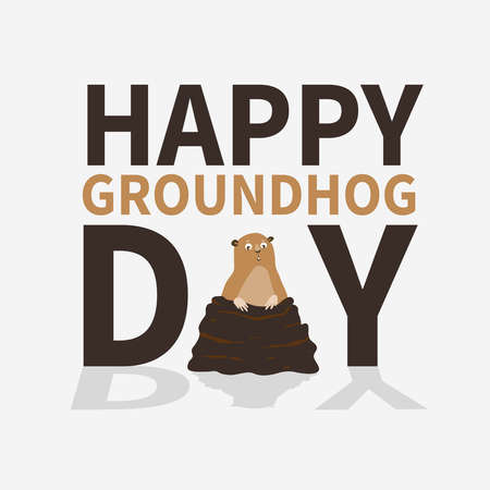 Happy groundhog day.logo,icon,cute frightened Marmot emerged from burrows, perfect for greeting cards,invitations,posters,prints on T-shirt, wish text, vector illustration,isolated on white backgroundの写真素材
