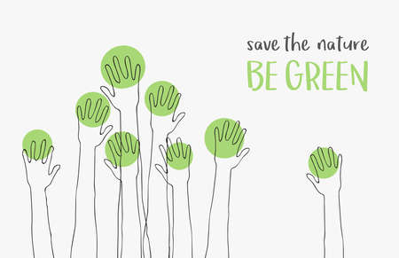 Save the Nature-save the world.Ecology concept.message BE GREEN.silhouettes of hands raised up like trees.Suitable for posters,flyers,banners for Earth Day.Vector illustration isolated on backgroundのイラスト素材
