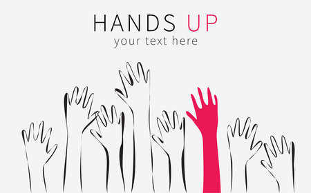 Hands up silhouette. Monochrome cartoon hands raised up in the air, the emphasis in the form of a red hand. Suitable for posters, flyers, banners.Vector illustration isolated on white backgroundのイラスト素材