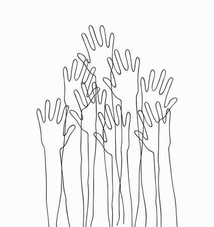 Hands up concert. Monochrome cartoon silhouette hands raised up in the air. Suitable for posters, flyers, banners.Vector illustration isolated on white backgroundのイラスト素材