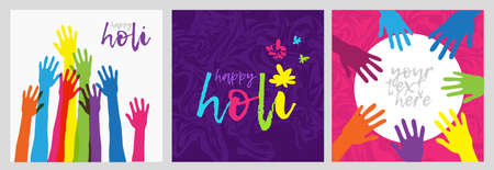 Set of cards for Holi festival in India. Brightly colored posters with hand Logo background for flyers, postcards illustration.のイラスト素材