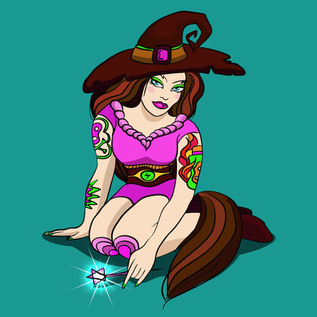 beautiful witch with tattoos.Halloween Girl in hat with enigmatic eyes sitting on the floor, in the hands of a magic wand.Print on T-shirts,bags, stickers on cards, poster, banner.vector illustration.のイラスト素材