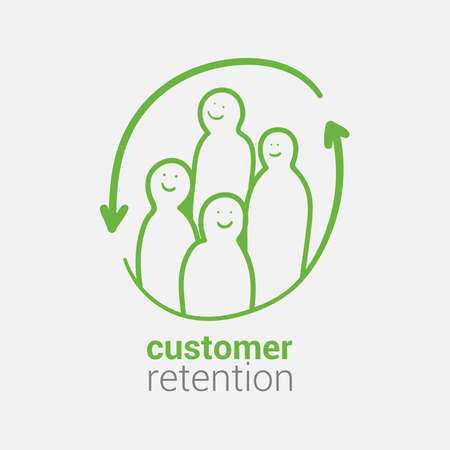 Customer retention as basis for successful business. Icon motivation employees and improve quality of service. Smiling people in a green circle of cyclicity. Vector isolated hand drawn illustrationの写真素材