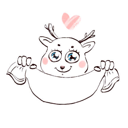 Cute sketch of deer. Pencil sketch by hand. isolated illustration. Use as postcard book illustration poster banner icon sticker on Christmas gifts toy. Minimalism style. Hand draw imageの写真素材