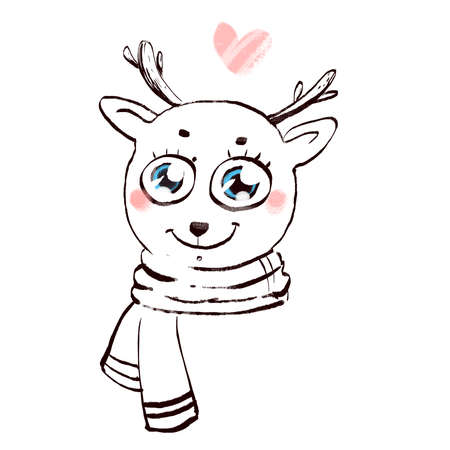 Doodle sketch of deer wrapped in scarf. Smiling cub drawn by hand in pencil. isolated image. Hand drawn illustration. Use as postcard card book illustration poster banner icon toy symbolの写真素材
