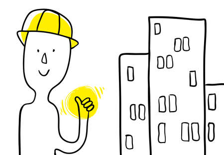 Cartoon constructor profession and buildings. Minimalistic poster. builder shows a hand super. Use as poster social call career choice for student s business solution. Vector isolated hand draw.のイラスト素材